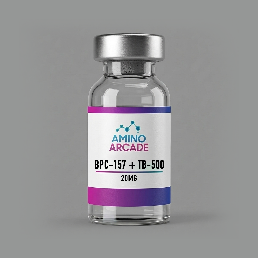 BPC157 + TB500 20mg vial with Amino Arcade label — sterile lyophilized powder for in-vitro laboratory research