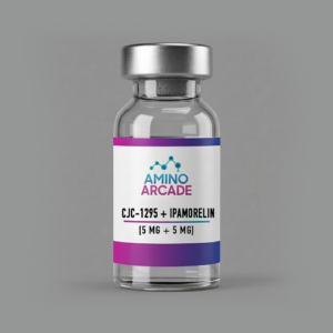 CJC-1295 + Ipamorelin vial with Amino Arcade label — sterile lyophilized powder for in-vitro laboratory research