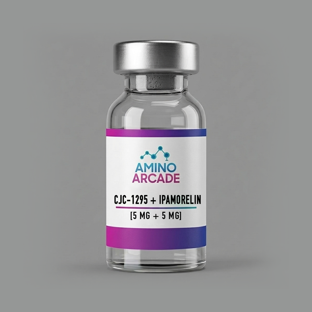 CJC-1295 + Ipamorelin vial with Amino Arcade label — sterile lyophilized powder for in-vitro laboratory research