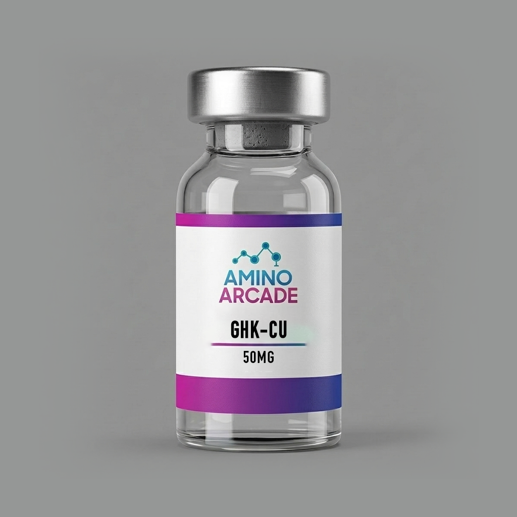 GHK-CU 50mg vial with Amino Arcade label — sterile lyophilized powder for in-vitro laboratory research