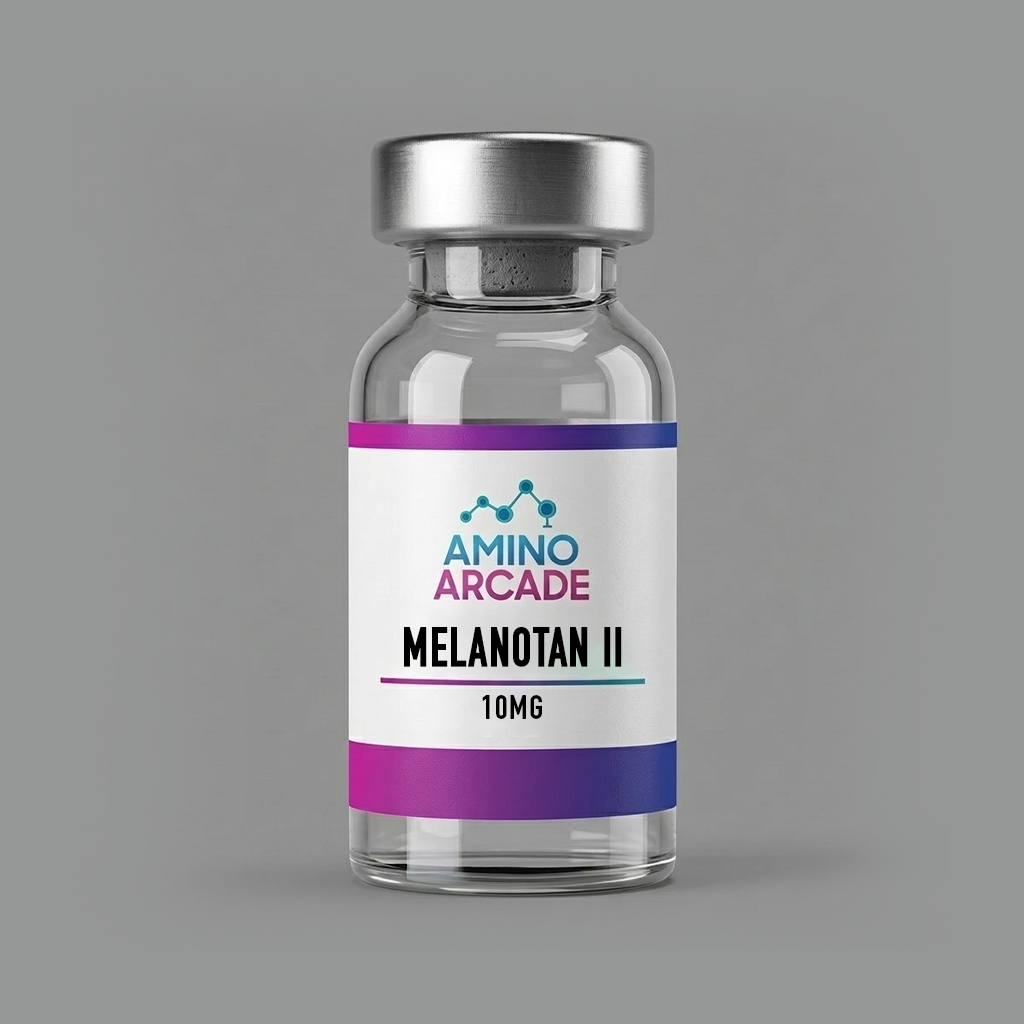 Melanotan II 10mg vial with Amino Arcade label — sterile lyophilized powder for in-vitro laboratory research
